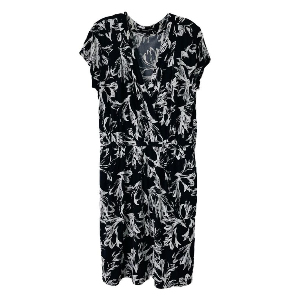 Banana Republic black white floral stretchy preppy office midi dress large